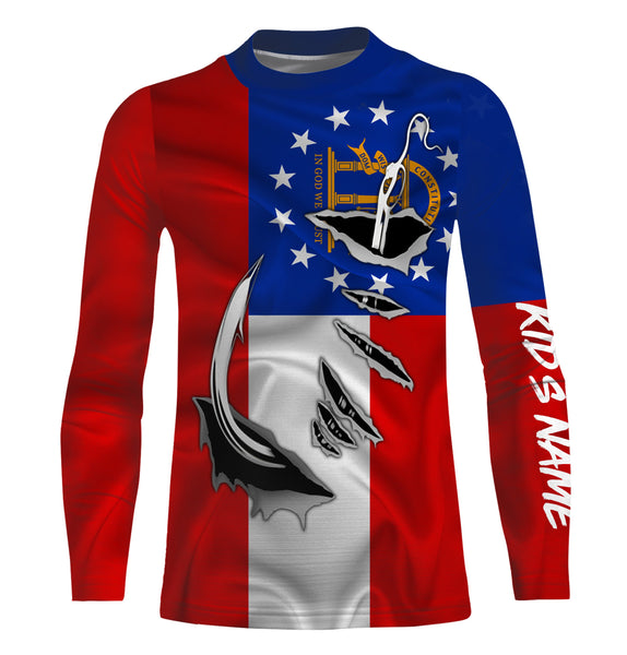 GA Fishing 3D Fish Hook Georgia Flag UV protection Custom long sleeves shirts UPF 30+ personalized fishing gifts - IPH2029