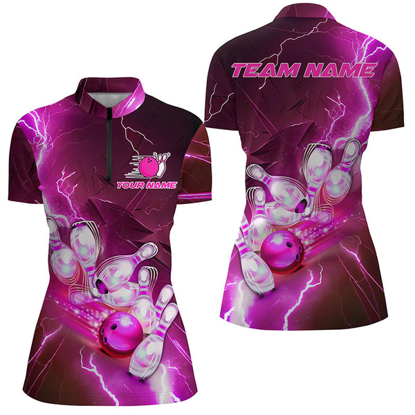 Lightning Strike Custom Pink Bowling Polo Shirts, Bowling Team Jerseys For Men IPHW5222