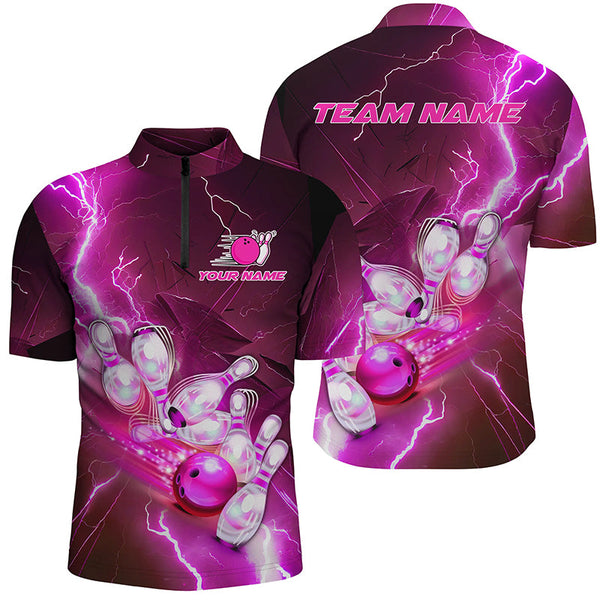 Lightning Strike Custom Pink Bowling Polo Shirts, Bowling Team Jerseys For Men IPHW5222