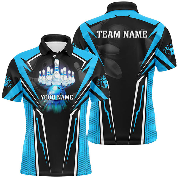 Custom Cyan Blue Bowling Polo Shirts For Men, Strike Bowling Team Jerseys Bowlers Outfits IPHW5224