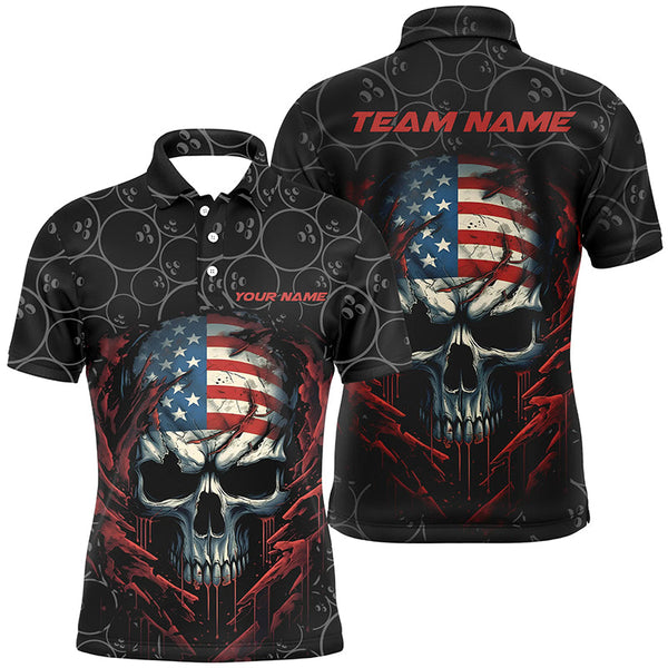 Custom American Flag Skull Bowling Shirts For Men, Patriotic Team Bowling Jerseys IPHW5160