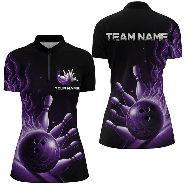 Personalized Purple Flame Bowling Polo Shirts For Women Bowling Team Jerseys Strike Bowling IPHW5823