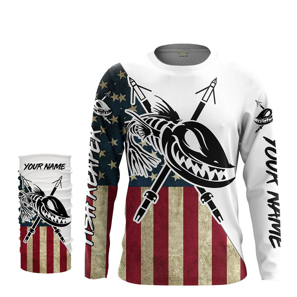 Custom Bowfishing American Flag Fishing Shirts, Bow Fishing Long Sleeve Performance Fishing Shirts - IPHW1058