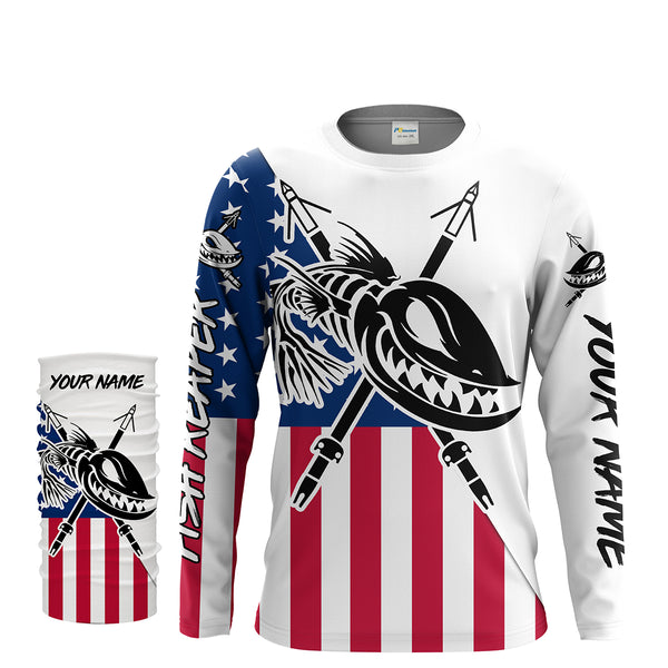 Custom Bowfishing American Flag Fishing Shirts, Bow Fishing Long Sleeve Performance Fishing Shirts - IPHW1651