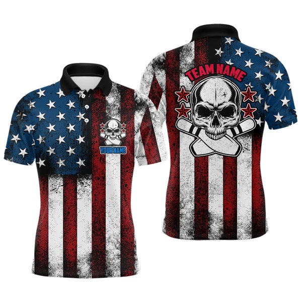 American Flag Skull Custom Team Bowling Shirts For Men, Patriotic Bowling Jerseys IPHW5157