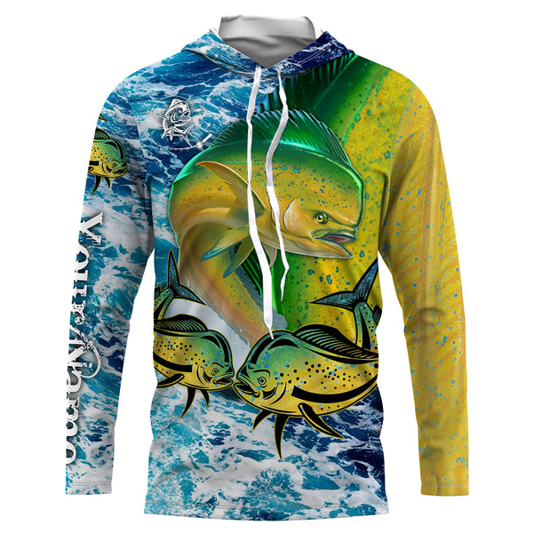Mahi mahi Fishing blue sea wave camo saltwater fishing Customize Name UV protection quick dry UPF 30+ long sleeves fishing shirts NQS2645
