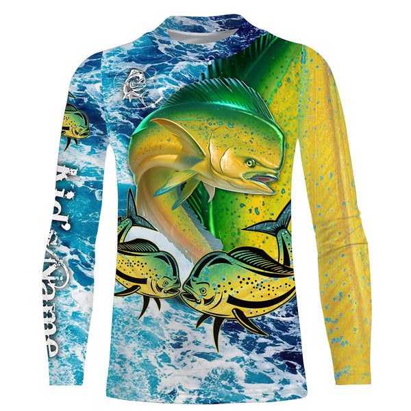 Mahi mahi Fishing blue sea wave camo saltwater fishing Customize Name UV protection quick dry UPF 30+ long sleeves fishing shirts NQS2645
