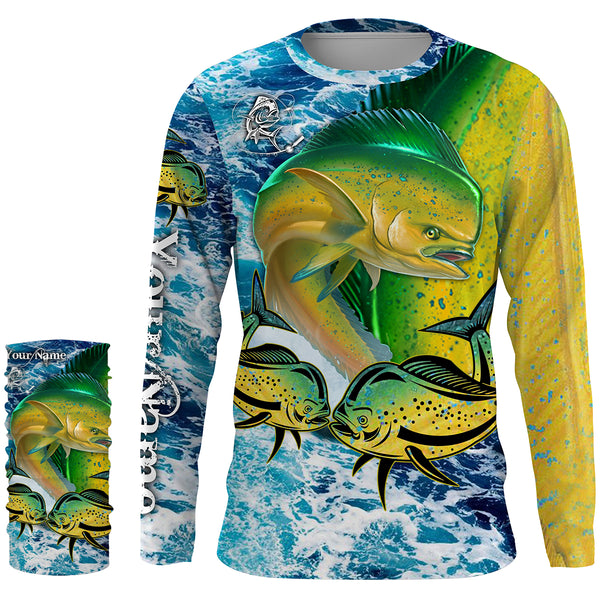 Mahi mahi Fishing blue sea wave camo saltwater fishing Customize Name UV protection quick dry UPF 30+ long sleeves fishing shirts NQS2645