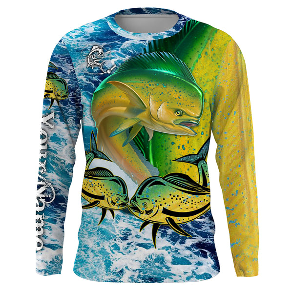Mahi mahi Fishing blue sea wave camo saltwater fishing Customize Name UV protection quick dry UPF 30+ long sleeves fishing shirts NQS2645