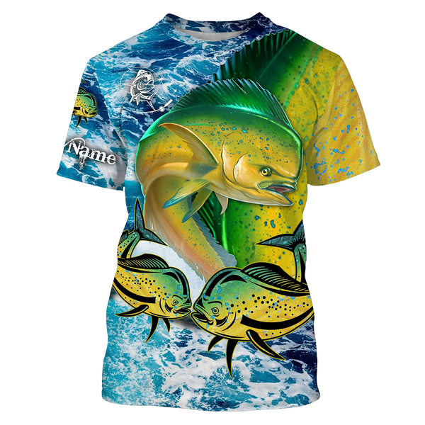 Mahi mahi Fishing blue sea wave camo saltwater fishing Customize Name UV protection quick dry UPF 30+ long sleeves fishing shirts NQS2645