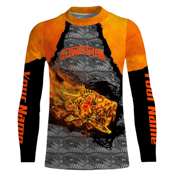 Fire Bass skull fishing jerseys custom name sun protection long sleeve Bass fishing shirts NQS4610