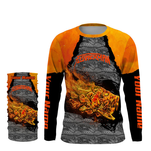 Fire Bass skull fishing jerseys custom name sun protection long sleeve Bass fishing shirts NQS4610