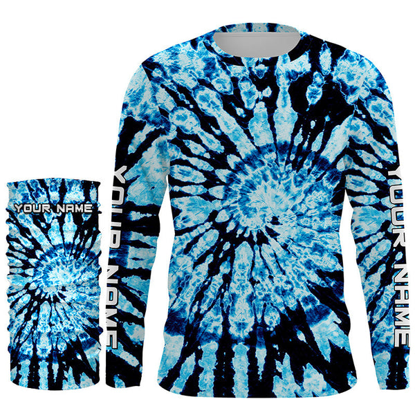 Custom spiral black and blue Tie Dye long sleeve Shirts, Performance UV protection Fishing shirt FSD3367