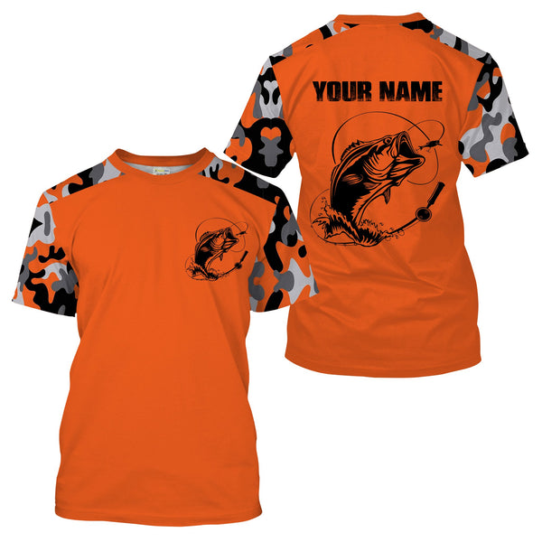 Custom Name Bass Fishing Camouflage Orange Performance Fishing Shirt, Bass Fishing Jerseys FSD2272