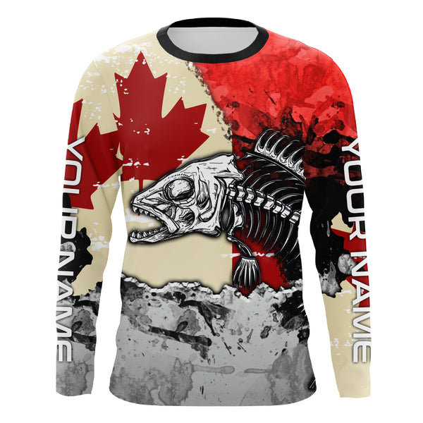 Canada Flag Fish Skeleton Custom name Long Sleeve tournament Fishing jerseys Shirts UPF 30+ for Fisherman TTS0394