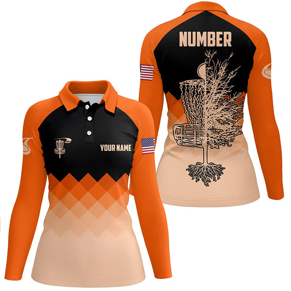 Orange Geometric Pattern Womens Disc Golf Polo Shirt Customized Disc Golf Shirts For Women LDT0514
