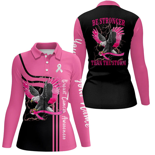 Be Stronger Than The Storm Breast Cancer Awareness Black Pink Eagle Golf Shirts For Women LDT0246