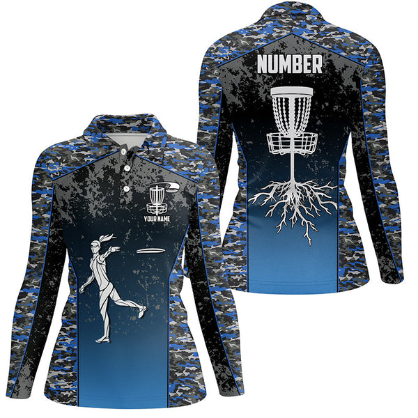 Blue Camo Womens Disc Golf Polo Shirt Custom Camouflage Golf Shirts For Women Disc Golf Gifts LDT0563