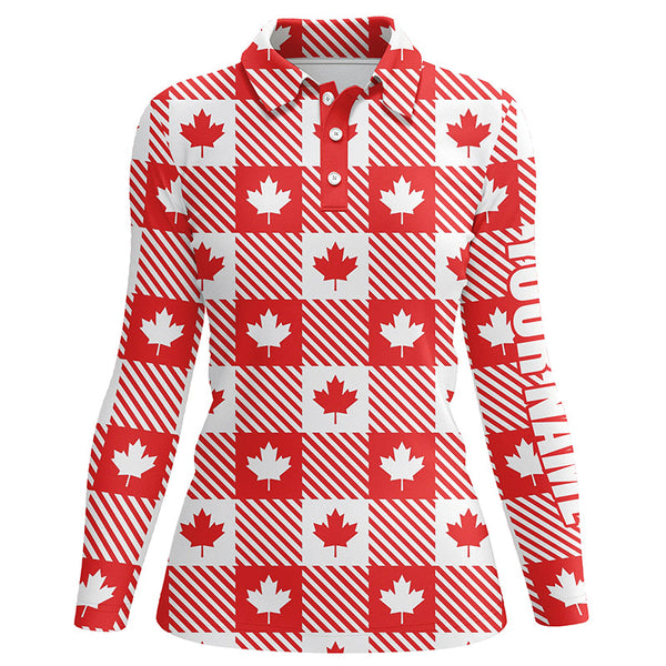 Maple Leaves On Lumberjack Plaid Canadian Golf Polo Shirts Patriotic Golf Shirts For Women LDT0477