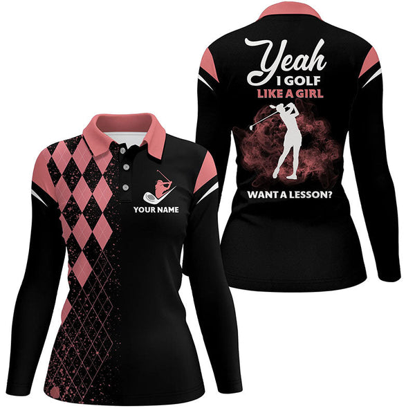 Pink Argyle Womens Golf Polo Shirts, Yeah I Golf Like A Girl Womens Golf Shirt, Golf Shirts For Her LDT0042