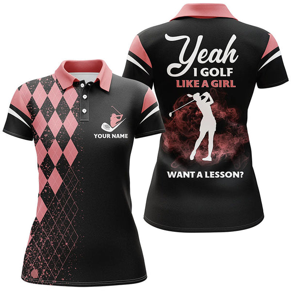 Pink Argyle Womens Golf Polo Shirts, Yeah I Golf Like A Girl Womens Golf Shirt, Golf Shirts For Her LDT0042