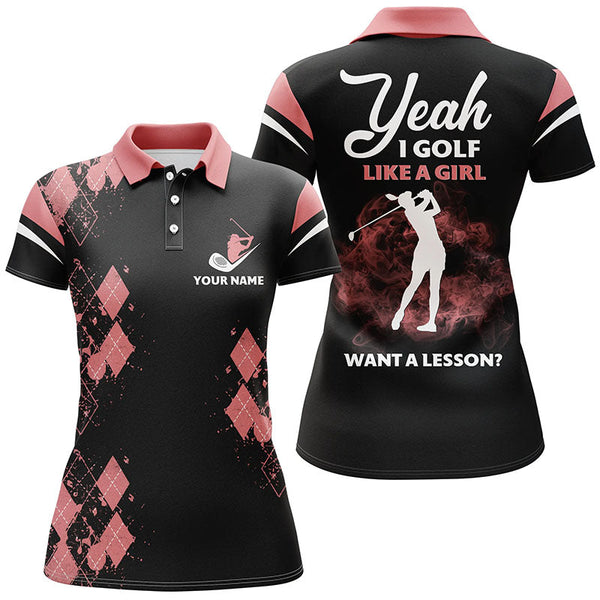 Pink Argyle Women Polo Golf Shirts, Yeah I Golf Like A Girl Womens Golf Shirt, Golf Shirts For Ladies LDT0044