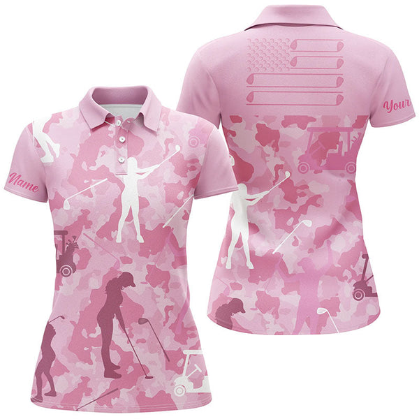Golf Girl Camouflage Pattern American Flag Womens Golf Shirt Custom Name Polo Golf Shirt For Ladies LDT0014