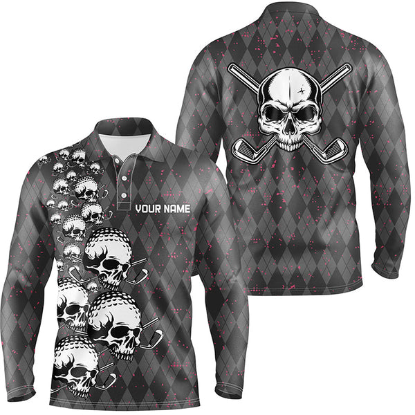 Elegant Argyle Pattern And Skull Mens Golf Polo Shirts, Black Skull Golf Shirts For Men LDT0196