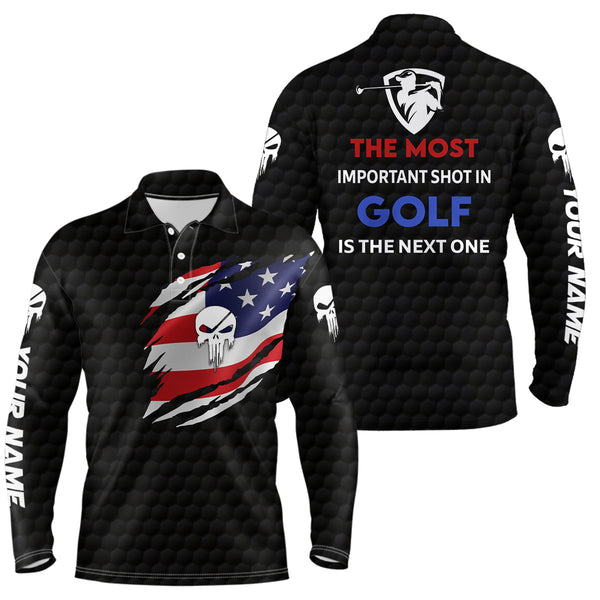 Patriotic American Flag Golf Polo Shirts Custom Name Skull Golf Shirts For Men, Golfing Gifts LDT0235