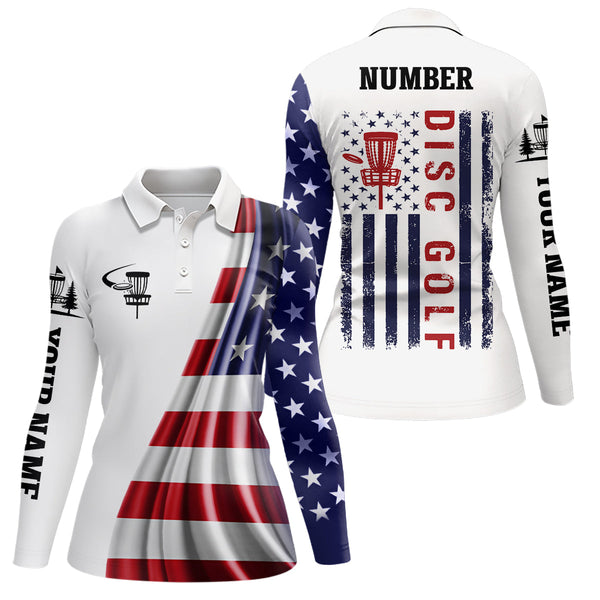 American Flag Womens Disc Golf Polo Shirt Custom Patriotic Disc Golf Tops For Women Golf Gift LDT1073