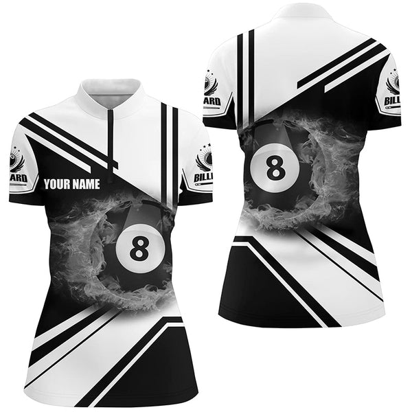 Personalized Billiard Black 8 Ball Flame Billiard Polo & Quarter Zip Shirts For Women VHM0012