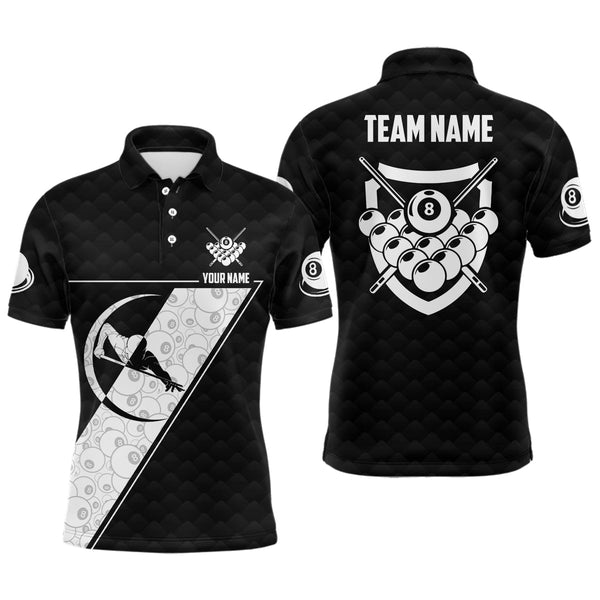 Personalized 8 Ball Pattern Billiard White Black Polo Shirts, Custom Pool Player Jerseys VHM0445