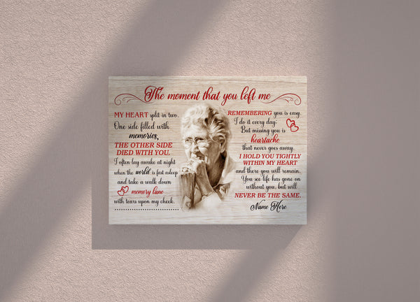 Personalized Canvas| Heaven The Moment That You Left Me Wall Art Decor| Memorial Canvas| Sympathy Gifts for Loss of Mother, Father, Son, Grandpa, Grandma| T05