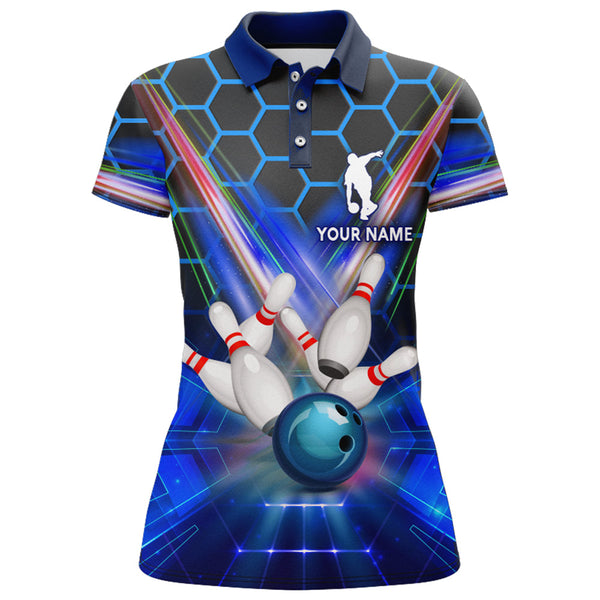 Blue Bowling Shirt For Women Custom Name Polo Bowling Jersey 3D Ladies Bowling Team Shirt BDT44