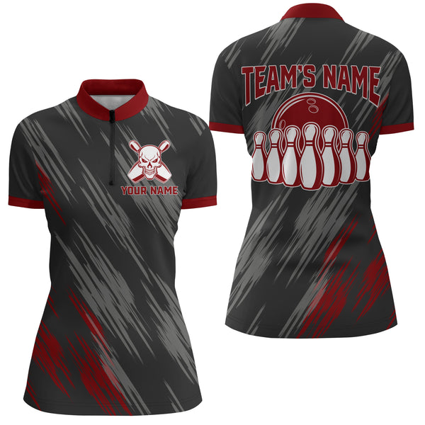Skull Bowling Quarter-Zip Shirt For Women Black&Red Bowling Jersey Bowling Team Shirt BDT159