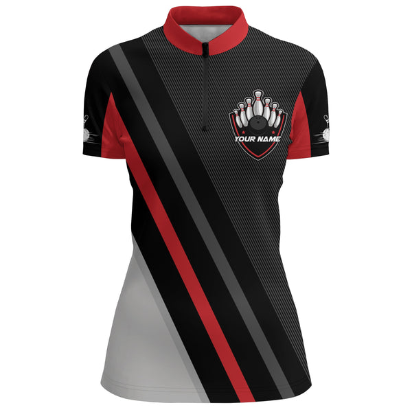 Black&Red Bowling Quarter-Zip Shirt For Women Vintage Bowling Team Jersey Custom Bowling Shirt BDT183