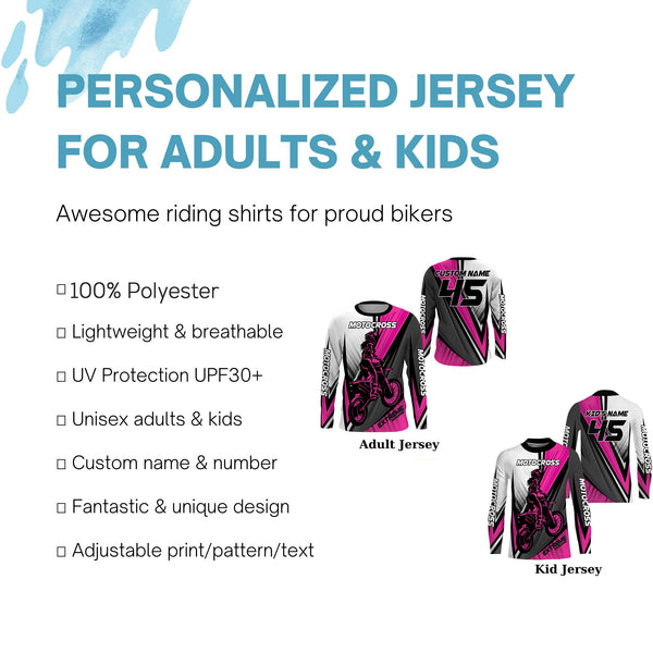 Girls Women Extreme Motocross Jersey Personalized UPF30+ Pink MX Racing Dirt Bike Shirt NMS1219