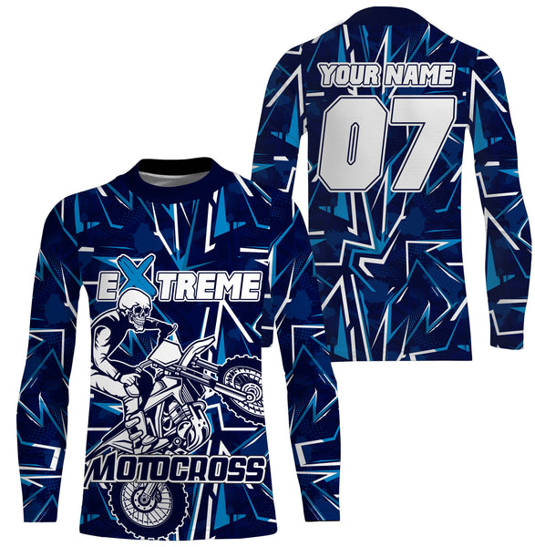 Extreme Motocross skull personalized jersey blue UPF30+ dirt bike long sleeves motorcycle bikers NMS1054