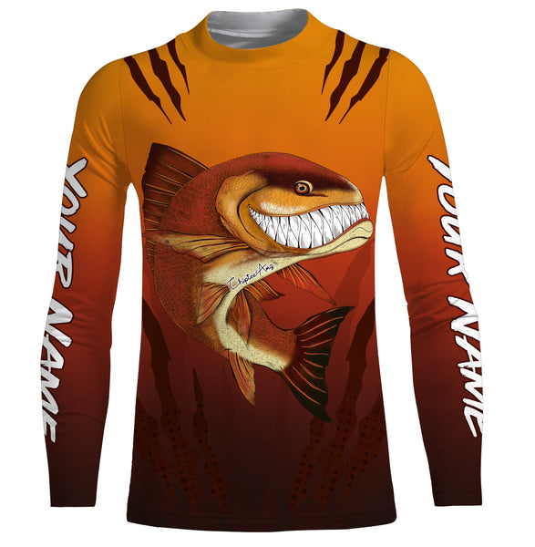 Redfish puppy drum fishing art custom name with angry redfish ChipteeAmz's art UV protection shirts AT030