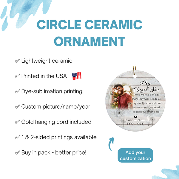 Angel Son memorial ornament, Christmas memorial gift for loss son, remembrance ornament home decor| ONT124
