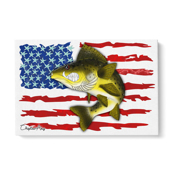Angry Walleye fishing art with American flag ChipteeAmz's art Matte Canvas AT036
