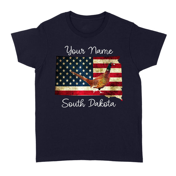 Pheasant hunting shirt South Dakota American Flag bird hunter custom name T-shirt - FSD1162